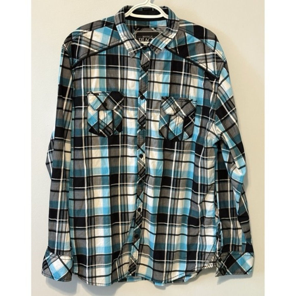 Buckle Black Athletic Fit Plaid‎ Long Sleeve Button Shirt Men XL Blue Black Gray